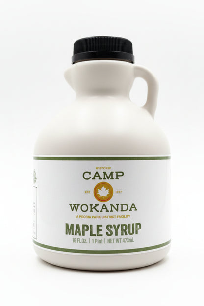 Camp Wokanda maple syrup bottle on a white background