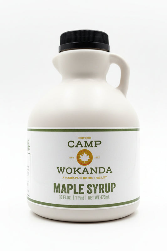 Camp Wokanda maple syrup bottle on a white background