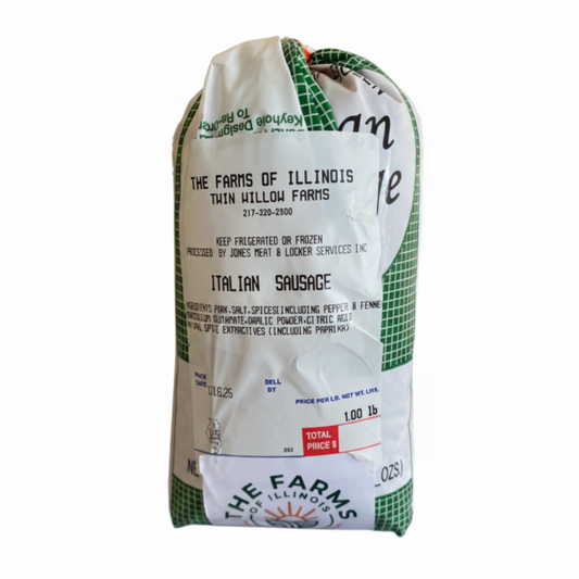 package of Italian sausage from The Farms of Illinois on a white background
