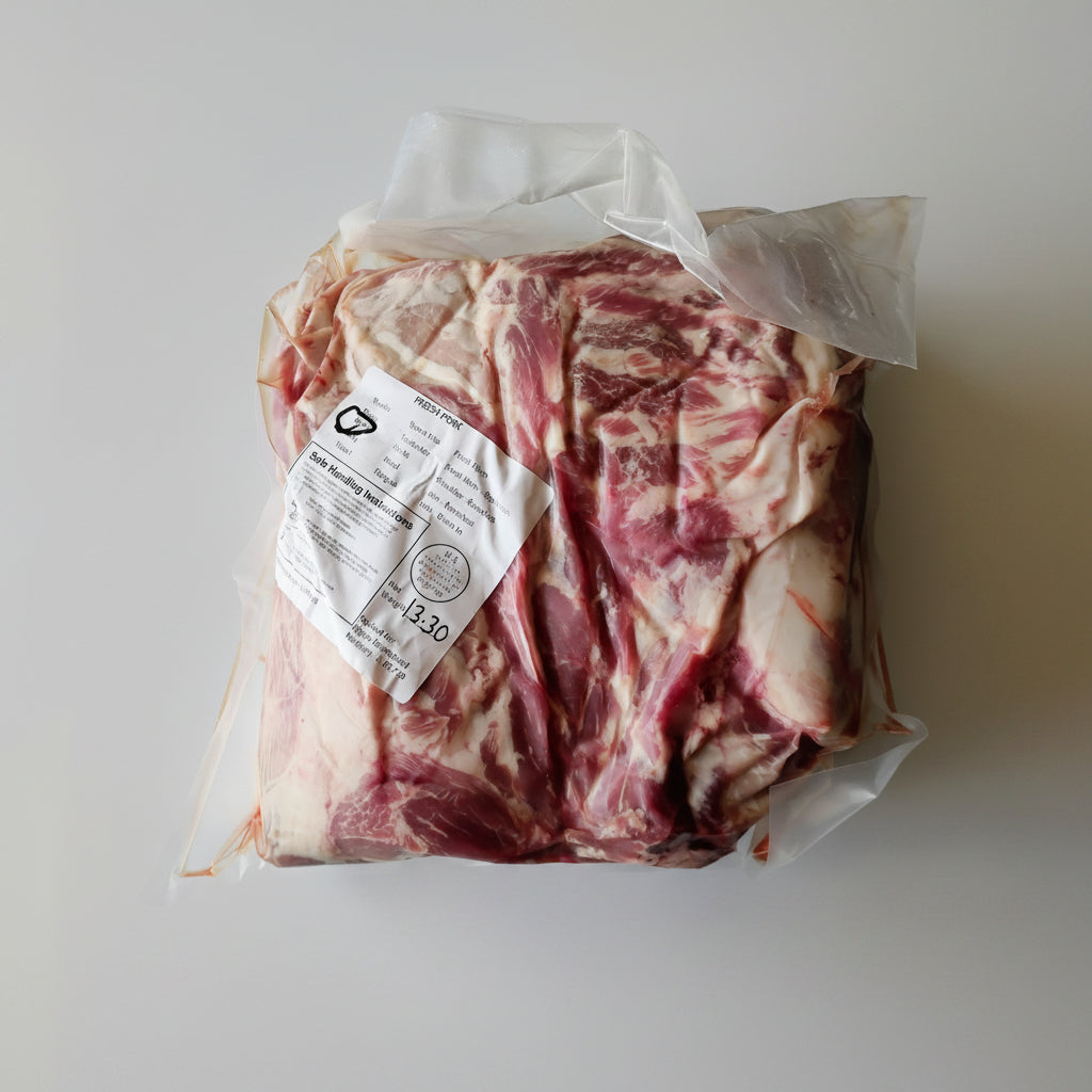 Packaged pork belly with a label on a white background