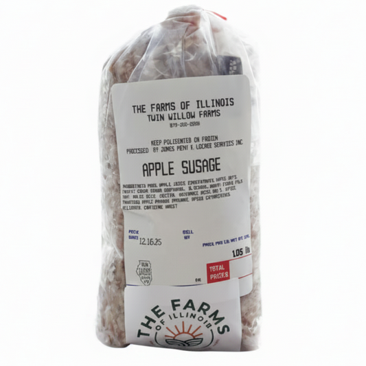 Package of Apple Sausage from The Farms of Illinois on a white background